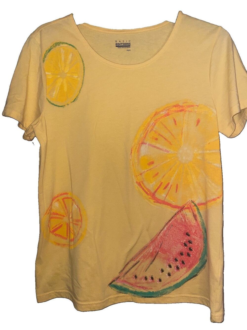 Basic Editions Yellow Summer Fruit Glittery Shirt Lemons Watermelon Sz M